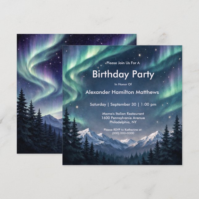 Northern Lights Mountain Forest Birthday  Einladung (Vorne/Hinten)