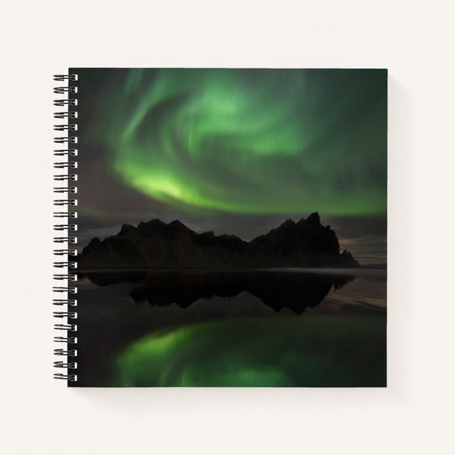 Northern Lights Vestrahorn Beach Hofn, Iceland Notizbuch (Vorderseite)