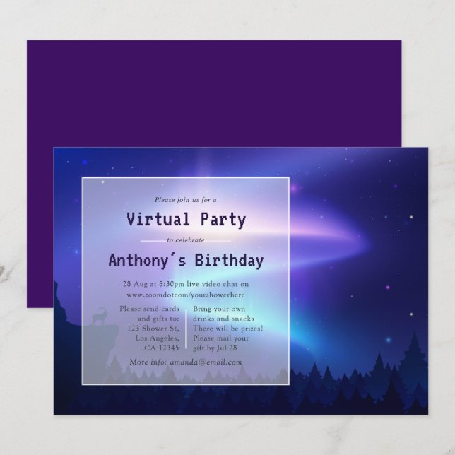 Northern Lights Virtual Birthday Party Einladung (Vorne/Hinten)