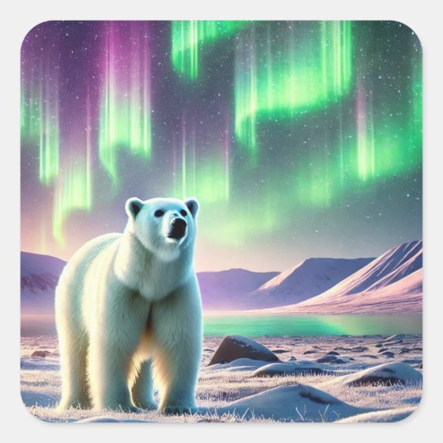Northern Lights with Polar Bear  Quadratischer Aufkleber (Vorderseite)