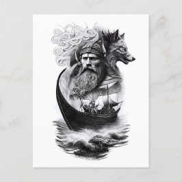 northern mythology Odin Fenriswolf and viking ship Postkarte