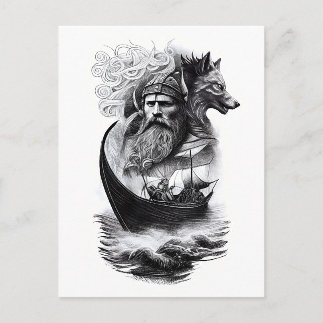 northern mythology Odin Fenriswolf and viking ship Postkarte (Vorderseite)
