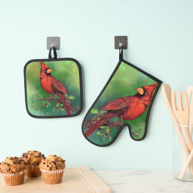 Northern Red Kardinal Oven Mitt & Pot Holding Set (Insitu (Hängend))
