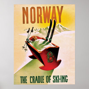 Norway, the cradle of skiing, vintage travel poster