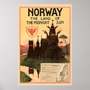 Norwegen das Land der Mitternachtsonne Vintage Rei Poster