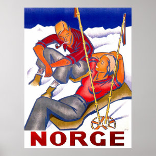 Norwegen, Ehepaar im Winterurlaub, Ski, Vintag Poster