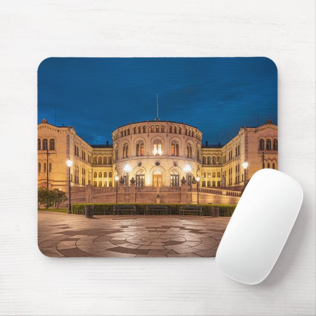 Norwegen Oslo Storting Gebäude bei Nacht Mousepad (Mit Mouse)