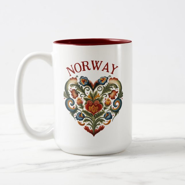 Norwegen Rosemaling Folk Art Herz Zwei-Tone-Kaffee Zweifarbige Tasse (Links)