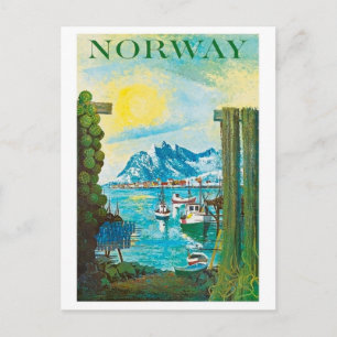 Norwegen Sonne, Schiffe an der Küste, Berge, Vinta Postkarte