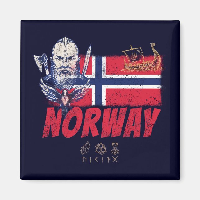 Norwegen: Viking Vintage Flagge und SchiffsSouveni Magnet (Vorne)