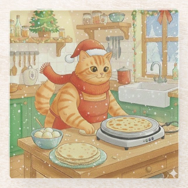Norwegian Cat Making Christmas Lefse, Coaster Glasuntersetzer (Vorderseite)