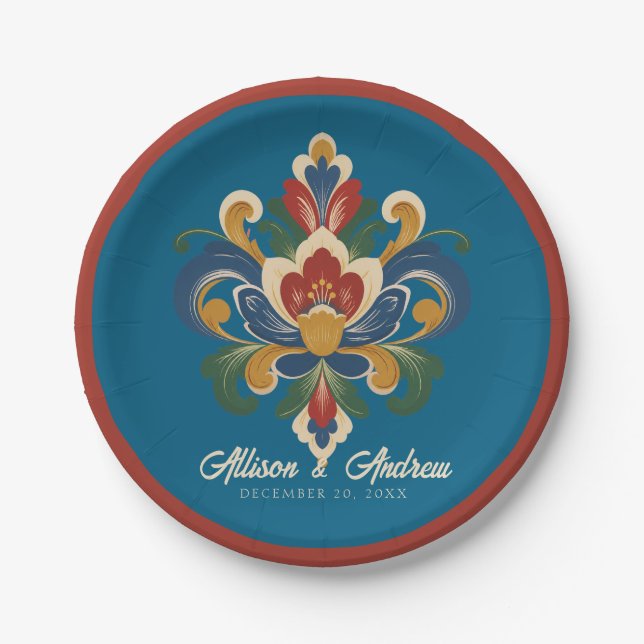 Norwegian Rosemaling Blaue Hochzeit Pappteller (Vorderseite)