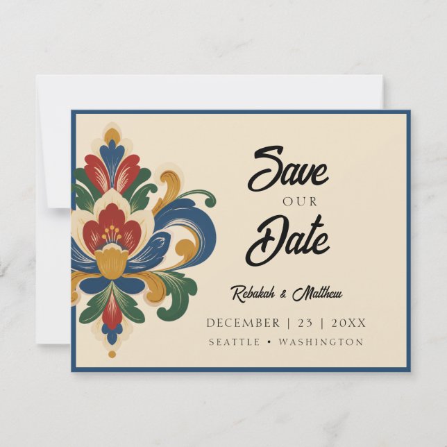 Norwegian Rosemaling Hochzeit Save The Date (Vorderseite)