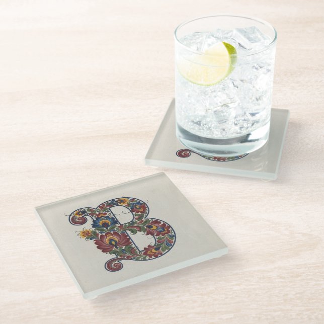 Norwegian Rosemaling Initial B, Glass Coaster Glasuntersetzer (Schrägansicht)