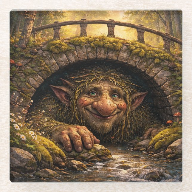 Norwegian Troll Hiding Under Bridge, Glass Coaster Glasuntersetzer (Vorderseite)
