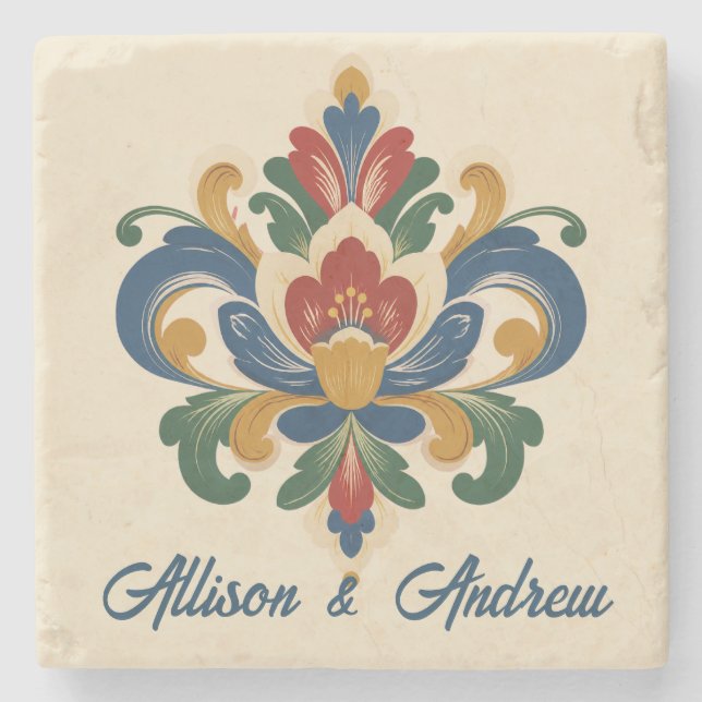 Norwegianische Rosemaling-Hochzeit  Steinuntersetzer (Vorderseite)