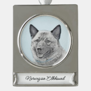 Norwegische Elkhound-Malerei - Original Hunde Art Banner-Ornament Silber