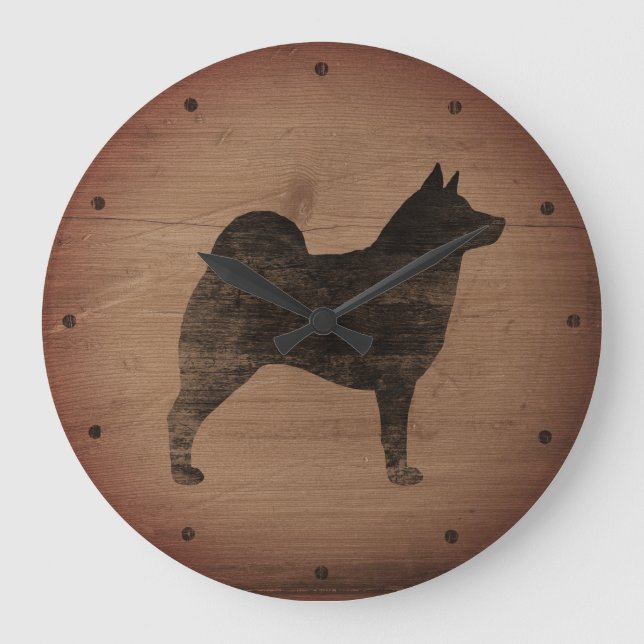 Norwegische Elkhound-Silhouette Rustikal Große Wanduhr (Vorderseite)