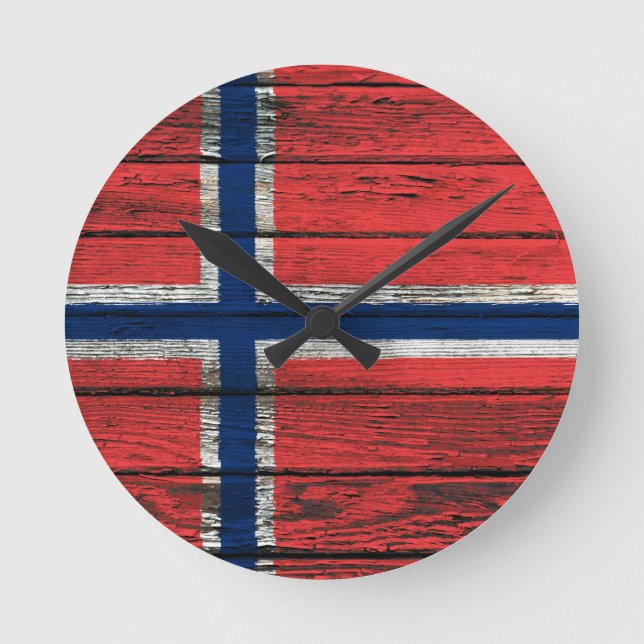 Norwegische Flagge mit rauem hölzernem Korn-Effekt Runde Wanduhr (Vorderseite)