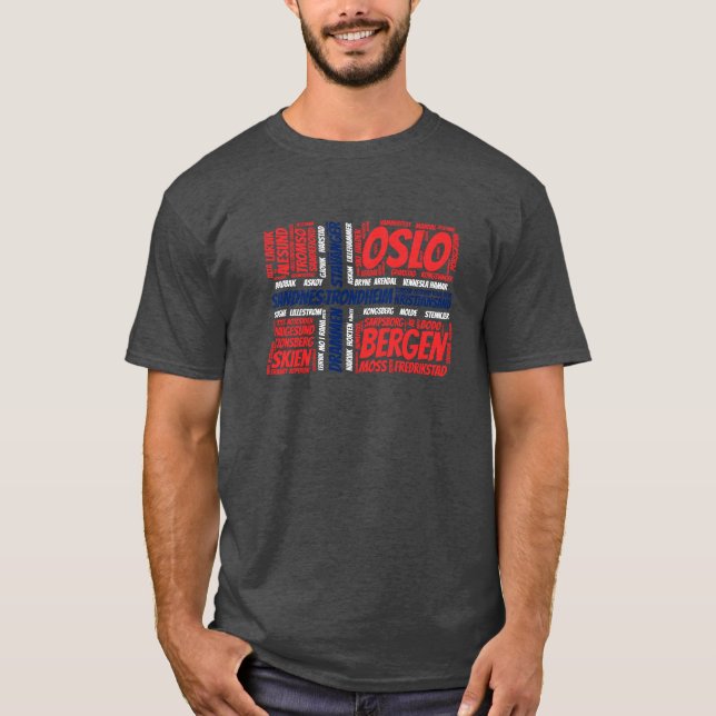Norwegische Flagge mit Stadtbezeichnungen Word Art T-Shirt (Vorderseite)