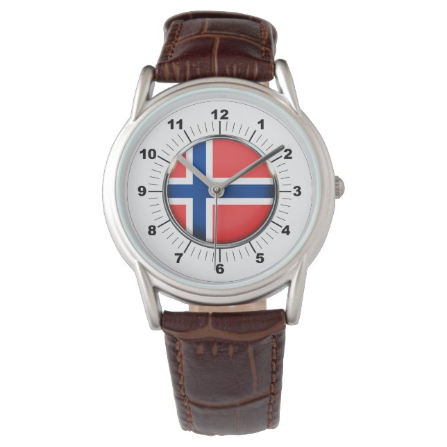 Norwegische Flaggenfahne Classic Brown Leather Wat Armbanduhr (Vorderseite)