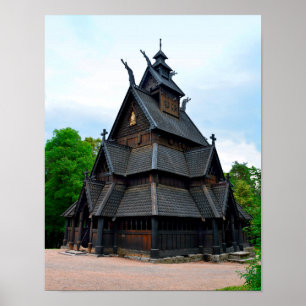 Norwegische Mittelalterliche Stave Church, Oslo, N Poster
