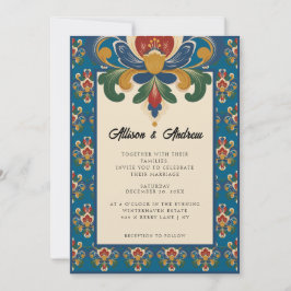 Norwegische Rosemaling | Blaue Hochzeit Einladung