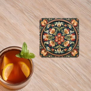 Norwegische Rosemaling Dekorative Volkskunst Rechteckiger Pappuntersetzer