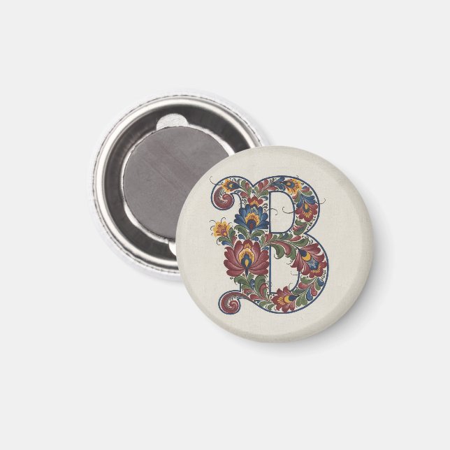 Norwegische Rosemaling Initial B, Untersetzer Magnet (Vorderseite/Rückseite)