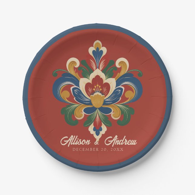 Norwegische Rosemaling-Rote Hochzeit  Pappteller (Vorderseite)
