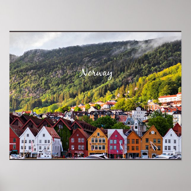 Norwegische Stadt mit Bergen im Hintergrund Poster (Vorne)