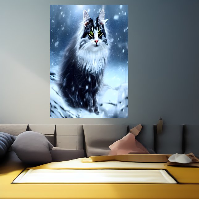 Norwegische Waldkatze im Schnee | AI Art Poster (Von Creator hochgeladen)