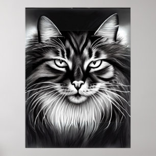 Norwegische Waldkatze in Schwarz und Weiß Poster