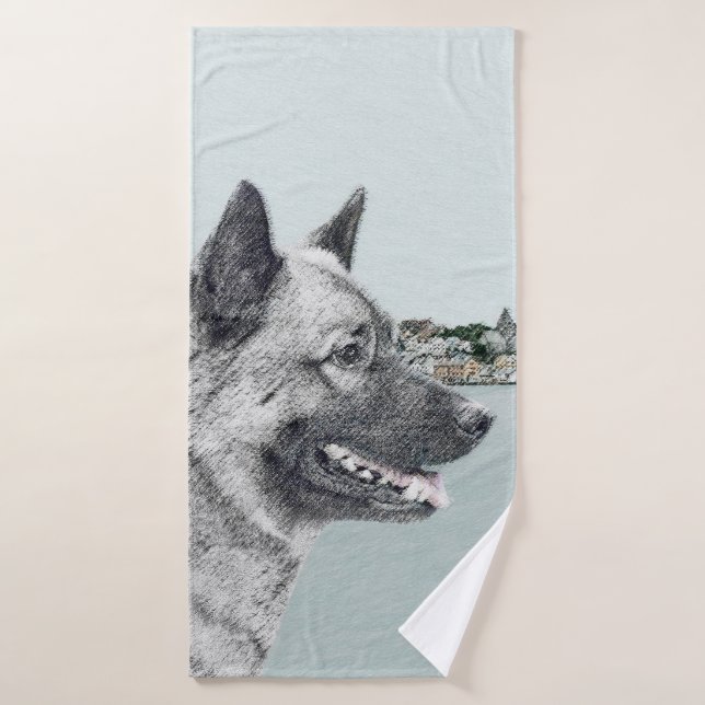 Norwegischer Elkhound bei Village Painting - Hunde Badhandtuch Set (Badehandtuch)