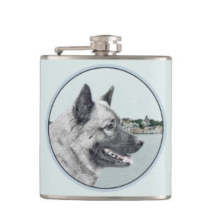 Norwegischer Elkhound bei Village Painting - Hunde Flachmann