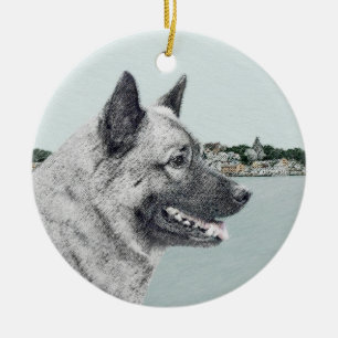 Norwegischer Elkhound bei Village Painting - Hunde Keramik Ornament