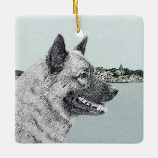 Norwegischer Elkhound bei Village Painting - Hunde Keramikornament (Vorderseite)