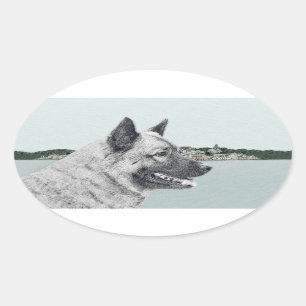 Norwegischer Elkhound bei Village Painting - Hunde Ovaler Aufkleber