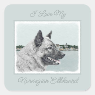 Norwegischer Elkhound bei Village Painting - Hunde Quadratischer Aufkleber