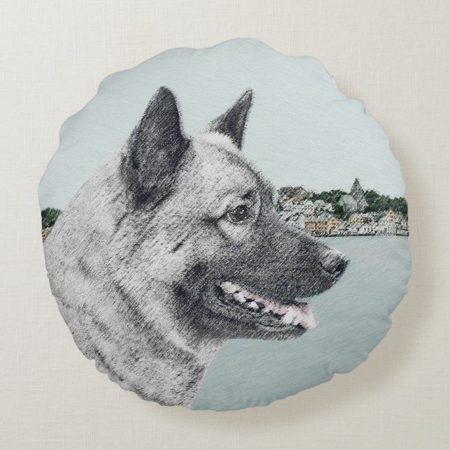 Norwegischer Elkhound bei Village Painting - Hunde Rundes Kissen (Rückseite)