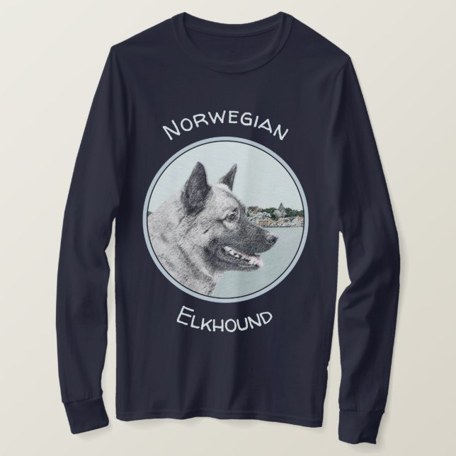 Norwegischer Elkhound bei Village Painting - Hunde T-Shirt (Design vorne)