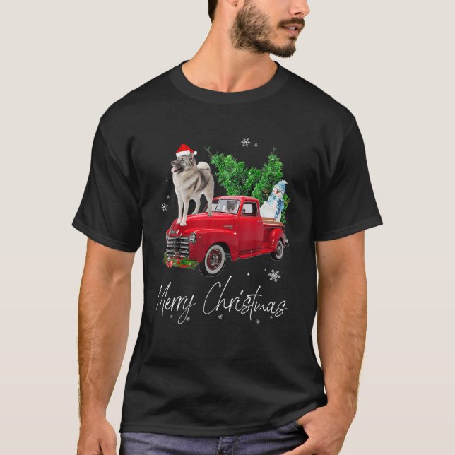 Norwegischer Elkhound Dog Riding Red Truck Weihnac T-Shirt (Vorderseite)