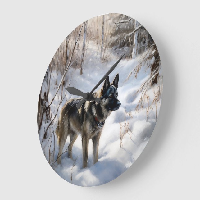 Norwegischer Elkhound lassen es Weihnachten schnei Große Wanduhr (Winkel)