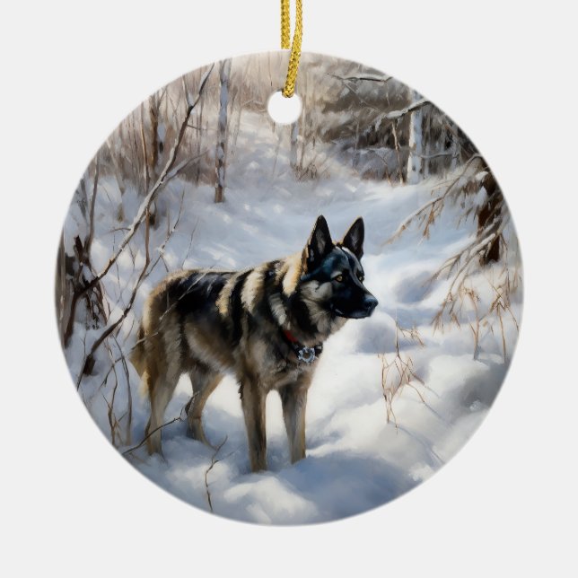 Norwegischer Elkhound lassen es Weihnachten schnei Keramik Ornament (Vorne)