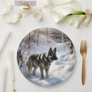 Norwegischer Elkhound lassen es Weihnachten schnei Pappteller