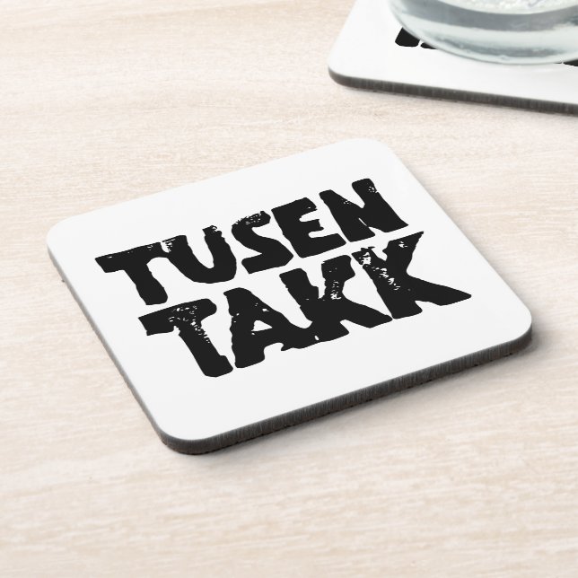 Norwegisches "Danke" Schwarz-Weiß-Lino-Schnitt Getränkeuntersetzer (Linke Seite)