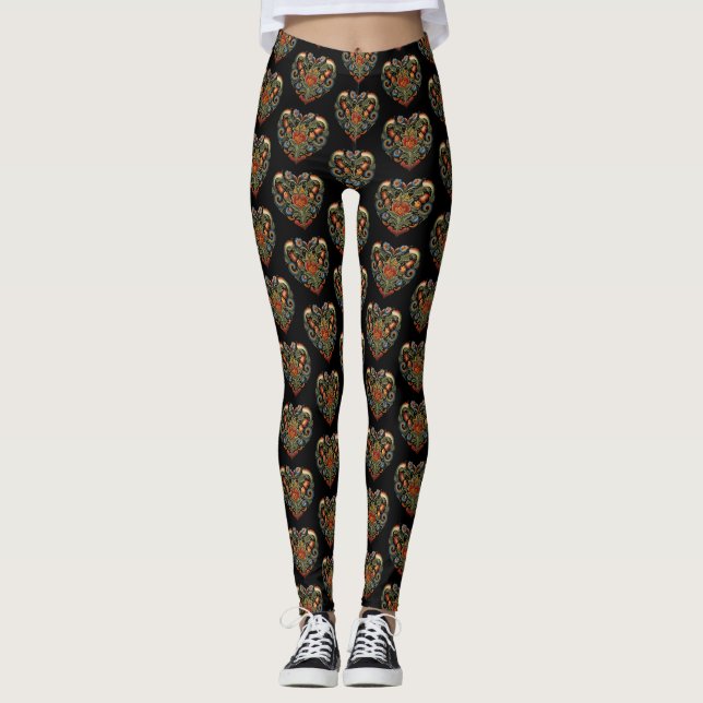 Norwegisches Rosemaling Folk Art Heart Leggings (Vorderseite)