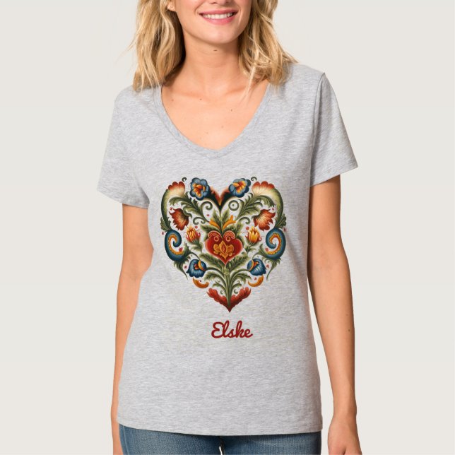 Norwegisches Rosemaling Folk Art Heart "Liebe" T-Shirt (Vorderseite)