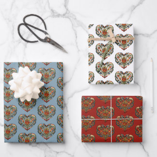Norwegisches Rosemaling Folk Art Herz Geschenkpapier Set