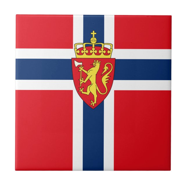 Norwegisches Wappen auf norwegischer Flagge Fliese (Vorderseite)